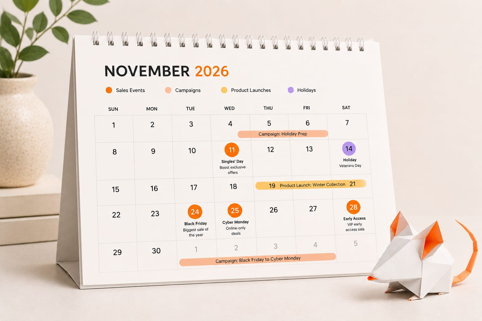 Marketing calendar showing key sales dates for ecommerce stores and service businesses with playful mice squeaking out reminders